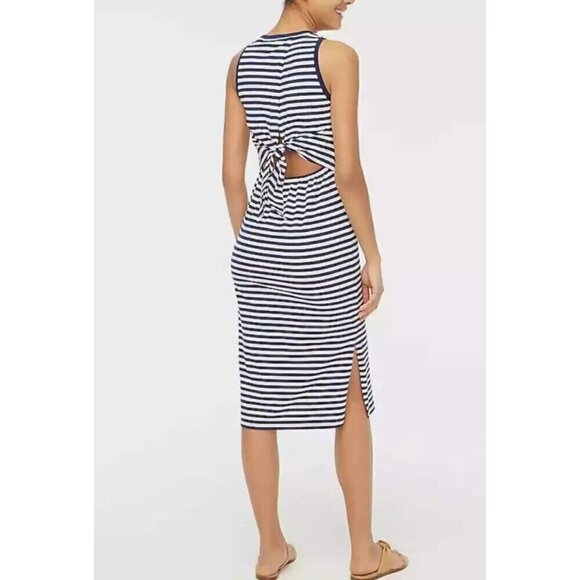 New J. Crew Size S Navy and White Striped Tie Back Knit Midi Dress BR906 - Picture 2 of 12
